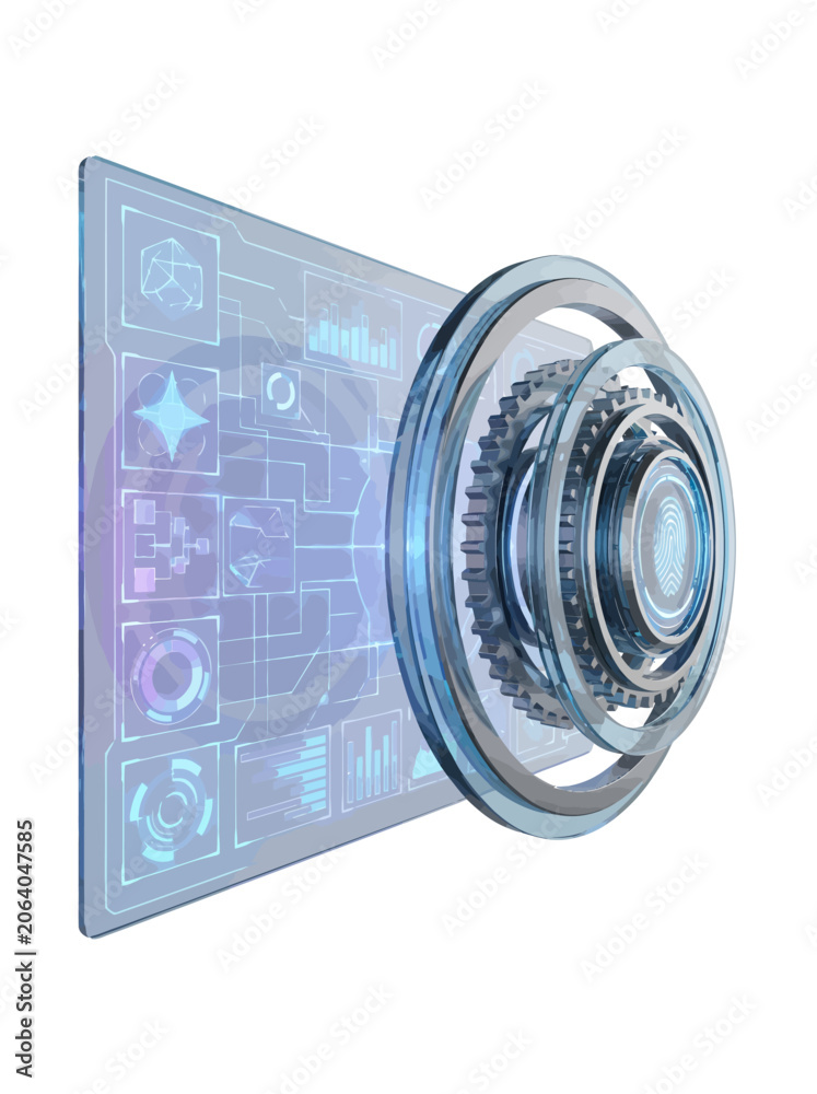 Naklejka premium Futuristic Holographic Interface with Rotating Gears and Digital Data