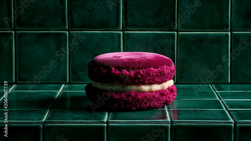 Close-up of The deep purplish-red of velvet pastry, dark green tiles