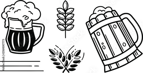 Quadro su tela Beer mugs and barley sprigs black and white silhouette design on a transparent b