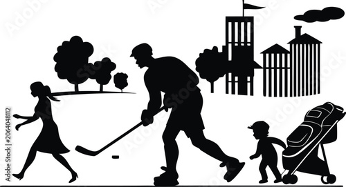 Canvas Print Family silhouette playing hockey in a park with buildings and a stroller white b