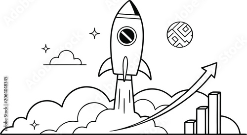 Tableau sur toile Rocket ship silhouette with ascending graph and clouds a black and white line dr