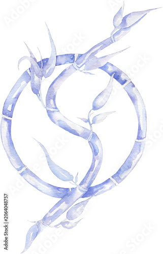 Watercolor blue bamboo leaves branch wreath illustration, hand drawn delicate bamboo leaf, nature clipart, zen clip art