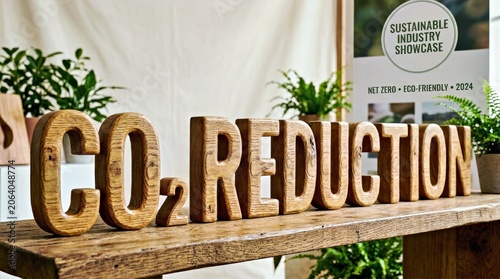 Wooden Signage Spelling Co Reduction on Rustic Shelf With Sustainable Industry Showcase Banner