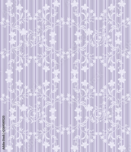 Seamless vintage floral pattern with delicate white vines on pastel lavender stripes. Romantic folk art design for textile, fabric, wallpaper spring decor