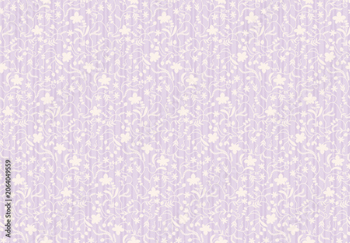 Seamless vintage floral pattern with delicate white vines on soft pastel lavender stripes. Romantic folk art design for textile, fabric, wallpaper, wrapping paper   spring nursery decor