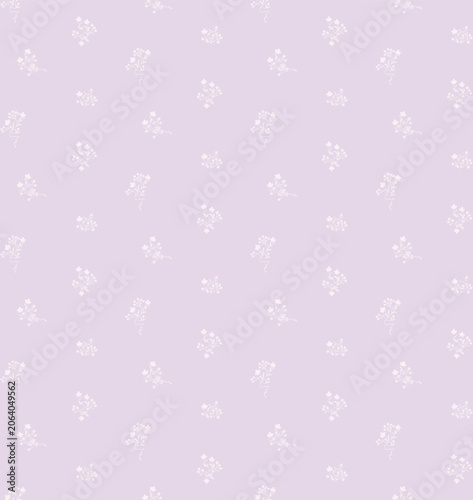 Seamless vintage floral pattern with delicate white sprays on a soft pale lavender background. Romantic folk art design for textile, fabric, wallpaper, wrapping paper spring nursery decor