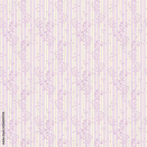 Seamless vintage floral pattern with delicate wildflower sprays and stars on pastel lavender and pale yellow vertical stripes. Romantic folk art design for textile, fabric, wallpaper, wrapping paper