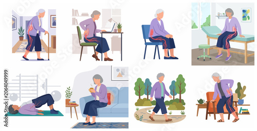 Photos Elderly woman suffering from sciatica and back pain in daily activities set, med