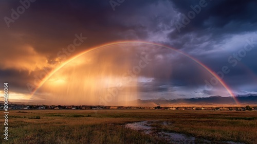 With the clouds separating, the heavens unveiled a brilliant spectrum stretching across the horizon, while the wet earth glowed in post-rain freshness.