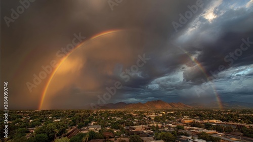 As storm clouds drifted apart, the sky revealed a stunning rainbow arch across the horizon, while rain-soaked earth shimmered with fresh renewal.