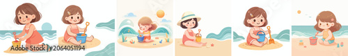 Vector of a little girl playing in the sand on the beach. Summer theme. Vector, illustration, minimalist, flat