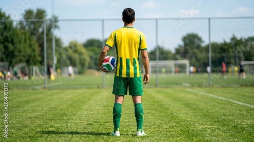 Soccer athlete standing on pitch holding ball seen from behind in yellow kit sharp focus full body shot for athletic team promotion
