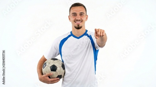 Soccer player pointing finger while holding ball on white studio background with sharp focus for athletic recruitment marketing