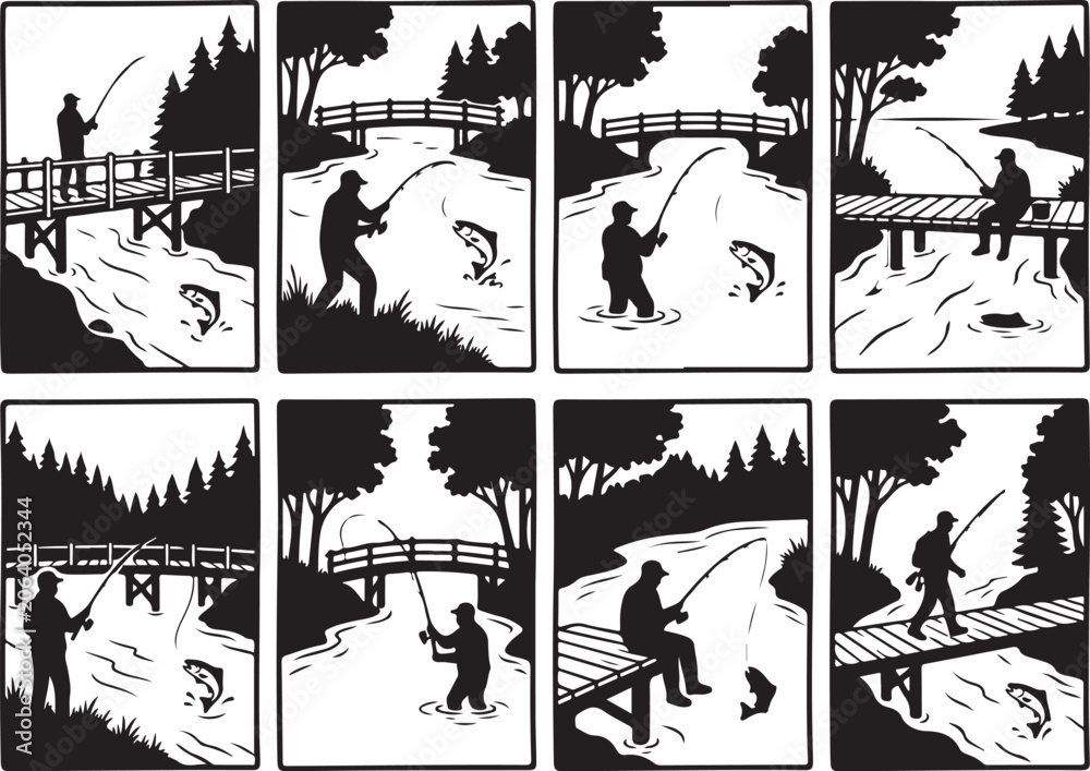 Obraz premium Fishing, man fishing, bridge, river, silhouette, vector illustrations, 8 scenes