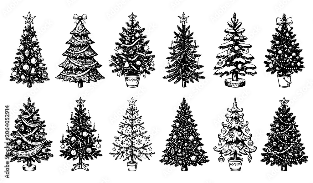 Obraz premium Decorated Christmas Tree Collection with Evergreen Holiday Pine Trees and Festive Seasonal Ornament Designs