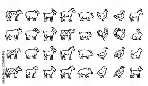 Photography Farm Animal Outline Icon Collection Featuring Cow Goat Sheep Horse Chicken Duck