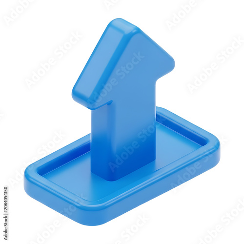 3D blue upload arrow icon rising from base, glossy render, data transfer symbol, progress growth concept