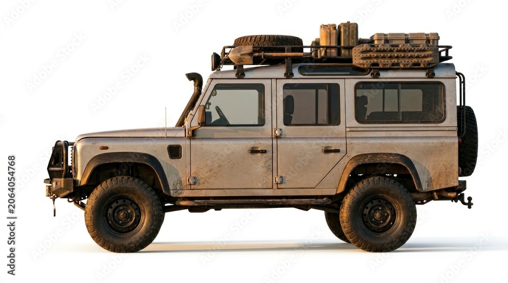Obraz premium Expedition off-road vehicle equipped with adventure gear isolated on white background in sharp focus studio shot for automotive marketing