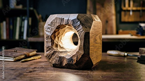 Wooden Torus Sculpture With Central Cavity on Dark Wooden Table