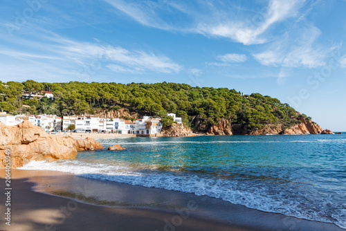 View at the beach and town of Tamariu, Catalonia, Spain, Europe