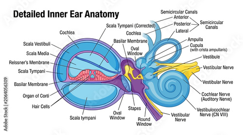 Billede på lærred Detailed anatomical illustration of the human inner ear with labeled parts in a medical style against a clean white background