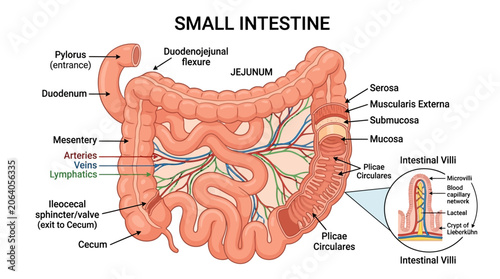 Obraz na plátně Detailed anatomical illustration of the human small intestine with labeled parts on a clean white background