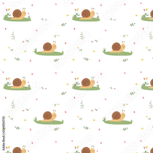 Seamless pattern of cute cartoon snails. A cute design for wallpaper