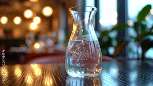 A clear glass carafe of sparkling water sits on a dark wooden table in a dimly lit restaurant with a soft bokeh background of warm golden lights and indoor plants.
