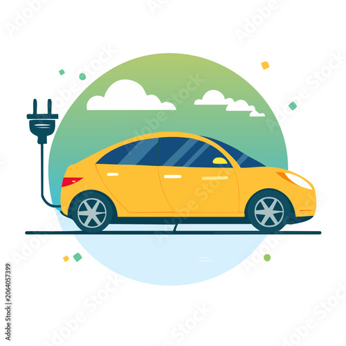 3D yellow car with rainbow and clouds