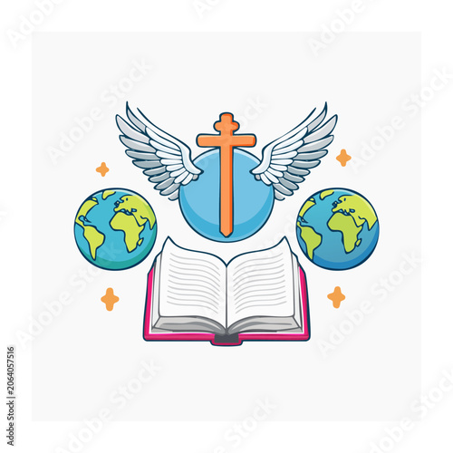 Cartoon winged cross with globe and open book