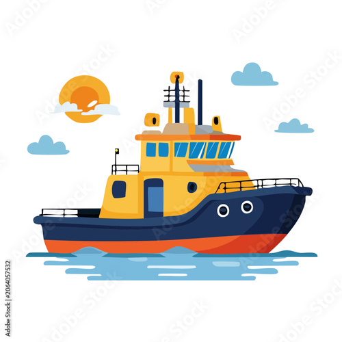 Cartoon yellow ferry boat with sun and clouds
