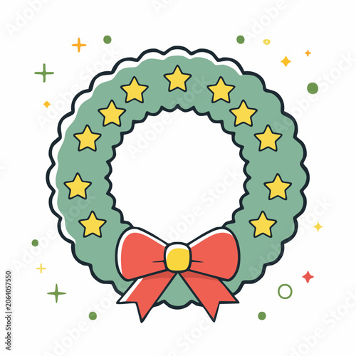 Christmas Wreath with Stars and Red Bow