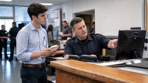Law enforcement official guiding young colleague.
