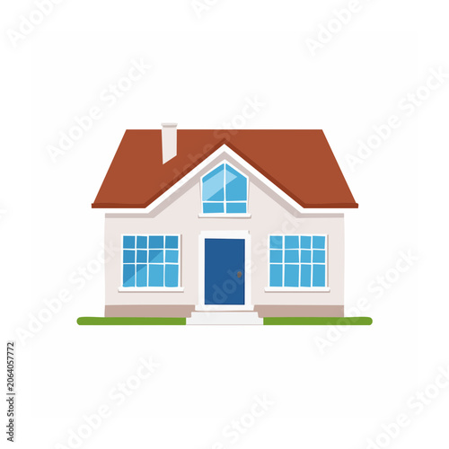 Flat design house icon with orange roof and blue windows