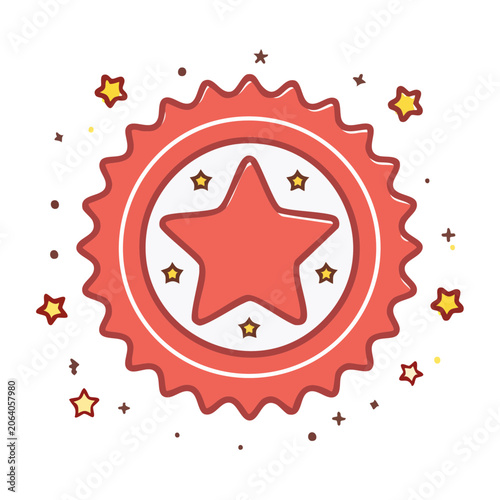 Red star award badge with surrounding stars and confetti