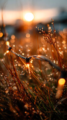 Warm sunset glow on dew-kissed grass with fairy lights