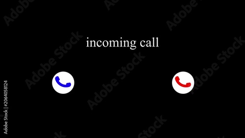 Incoming call animation with blue and red handset icons on black background.