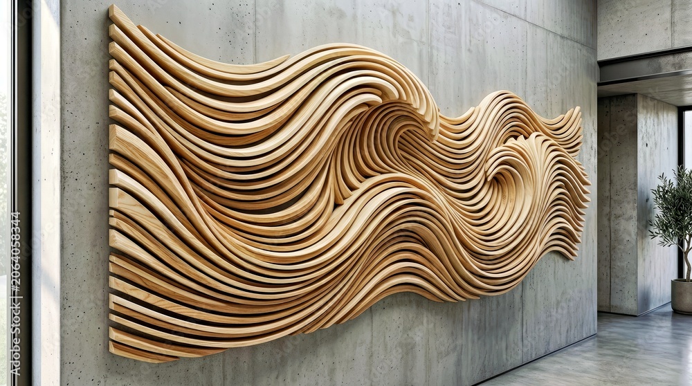 Naklejka premium Wooden Wave Sculpture Mounted on Concrete Wall in Modern Interior Space