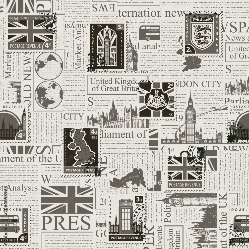 Fototapeta premium Vector seamless pattern on UK and London theme with postage stamps and postmarks on the background of newspaper in retro style. Suitable for wallpaper, wrapping paper or fabric