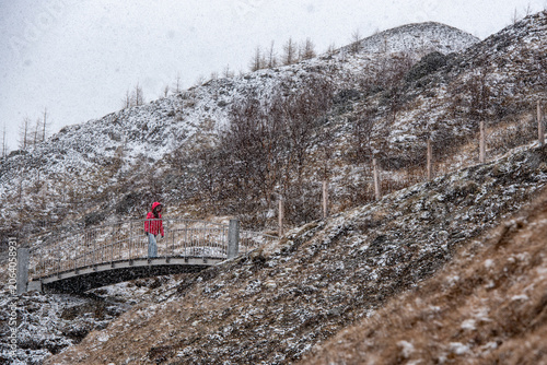 Person wearing a red jacket crossing a Studlagil Canyon metal bridge on a snowy hillside during winter, enjoying outdoor adventure and cold weather. Iceland landscape