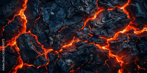 Εκτύπωση καμβά Intense glowing orange lava veins in black volcanic basalt rock with volcanic ba