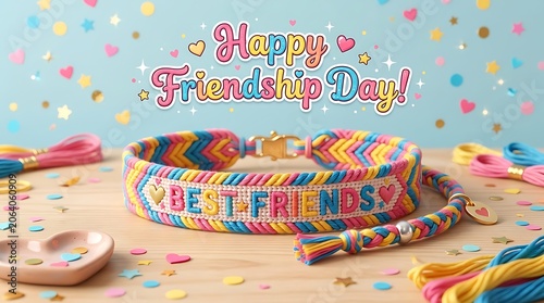 Happy friendship day bracelet with colorful threads and friends lettering