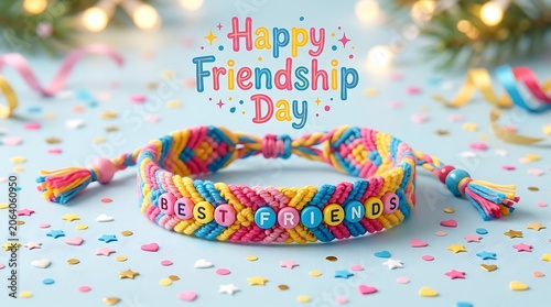Happy friendship day bracelet with friends beads on a light blue surface