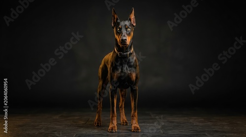A Doberman Pinscher dog stands alone in a dark studio setting looking forward.