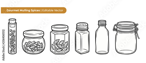 Spice jar vector line art set with gourmet mulling spices in glass bottles, showcasing cinnamon, cloves, and cardamom in a minimalist kitchen outline illustration for recipe design and pantry branding