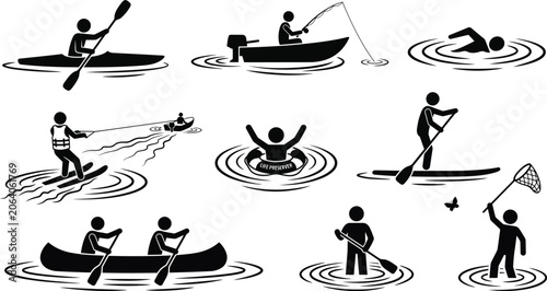 Foto Set of water sports and activities icons, including kayaking, fishing, swimming,