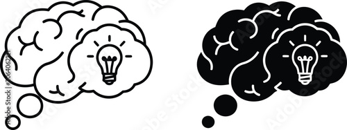 Foto Brainstorming concept two line art illustrations of brain with lightbulb