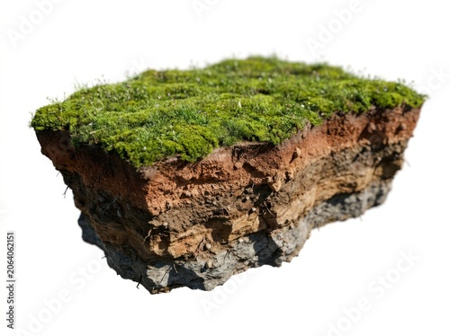 Cross section of soil layers with green grass isolated on white background