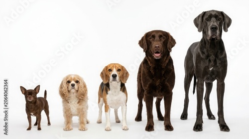 Dogs of various breeds stand together on a clean floor indoors
