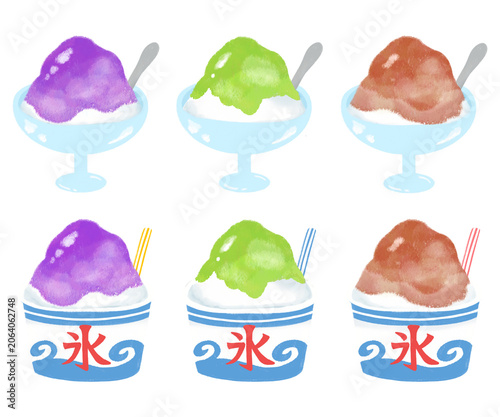 夏祭りのかき氷イラストセット　お祭り　装飾　縁日　屋台　シンプル　かわいい　夏　カキ氷　氷　食べ物　デザート